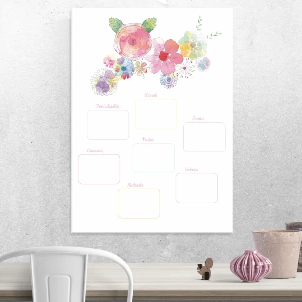 Weekly planner whiteboard with floral design in pastel colors and empty fields for notes.