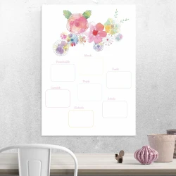 Weekly planner whiteboard with floral design in pastel colors and empty fields for notes.