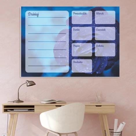 Weekly planner dry-erase board in blue rose design. Ideal for office decor with pink walls and light furniture.
