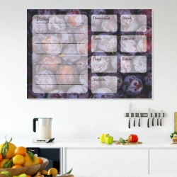 Weekly planner dry-erase board in plum color - Kitchen arrangement with light-colored walls and modern furniture.