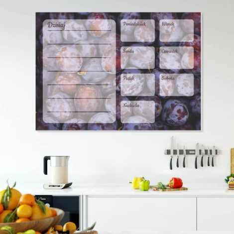 Weekly planner dry-erase board in plum color - Kitchen arrangement with light-colored walls and modern furniture.