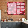 Weekly planner dry-erase board with cherries - Kitchen arrangement featuring brick walls, dark furniture, and light accessories.