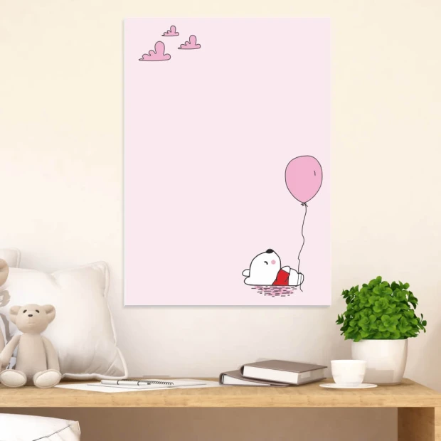 Dry-erase board for kids featuring a small bear holding a balloon on a pink background with clouds.