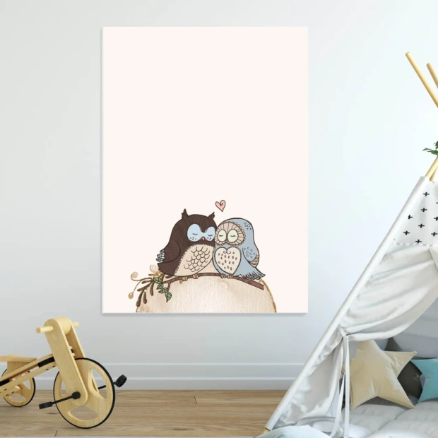 Dry-erase board for kids featuring an owl design with two owls on a branch, one dark and one light, with a heart in between.