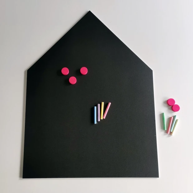 Chalkboard magnetic board for kids in house shape with colorful magnets. Design 393.
