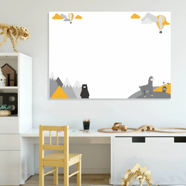 Dry-erase board for kids featuring an alpaca and bear design, perfect for bright children\'s room decor.
