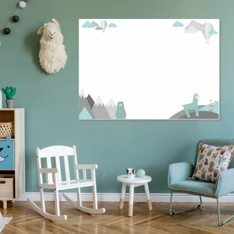 Dry-erase board for kids featuring an alpaca, bear, rabbit, and balloons. Perfect for a green-themed children\'s room.