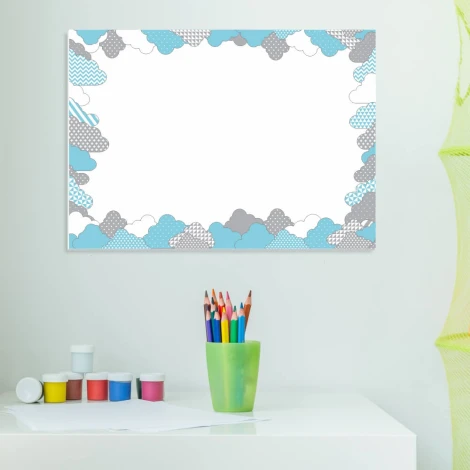 Dry-erase board for kids with cloud design in shades of blue and gray surrounding a blank space.