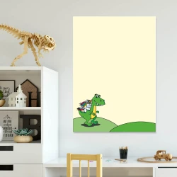 Dry-erase board for kids featuring a green dinosaur with a colorful backpack on a light background.