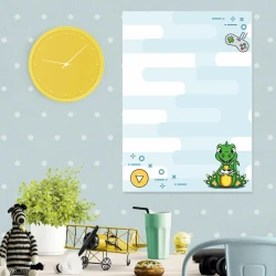 Dinosaur dry-erase board for kids - Decorated in a bright children\'s room with light walls and white polka dots.