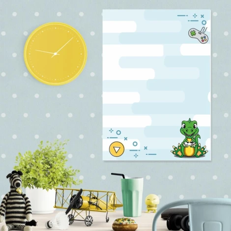 Dinosaur dry-erase board for kids - Decorated in a bright children\'s room with light walls and white polka dots.
