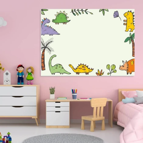 Dinosaur dry-erase board for kids - styled in a pink room with white furniture.
