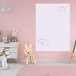 Dry-erase board for kids with dandelions and birds, ideal for a pink-themed children\'s room.