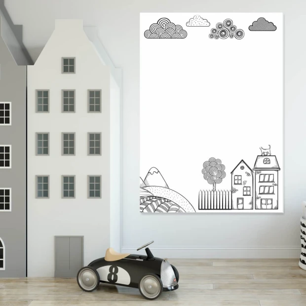 Dry-erase board for kids with house design - perfect for a bright children\'s room with colorful walls and furniture.