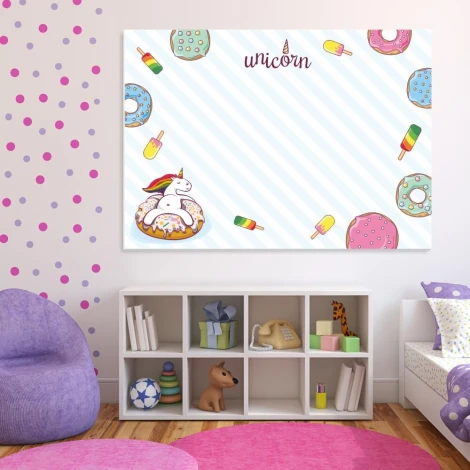 Unicorn dry-erase board for kids 525 - Features a graphic design with ice cream and donuts on a striped background.