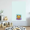 Dry-erase board for kids featuring a cat with big eyes holding a mug against a colorful background.