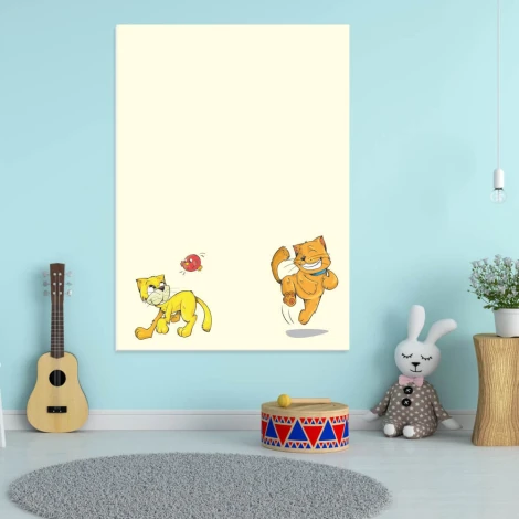 Dry-erase board for kids featuring cats, designed for a bright children\'s room with light walls and furniture.