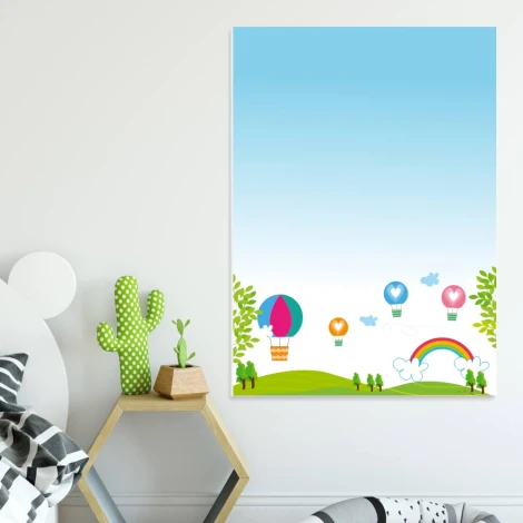 Dry-erase board for kids with a landscape design featuring balloons, clouds, a rainbow, and trees against a sky backdrop.