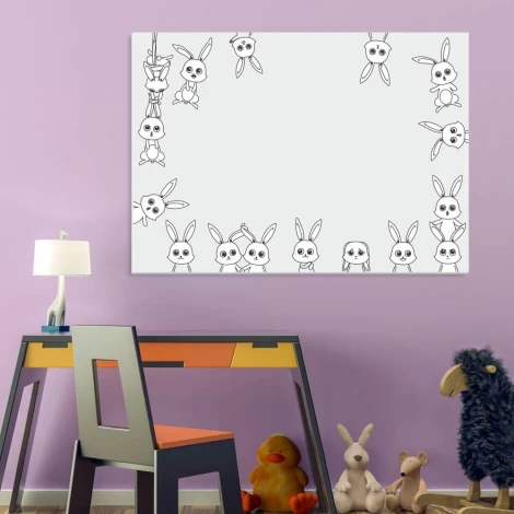 Dry-erase board for kids featuring rabbits, styled in a purple-themed children\'s room with light furniture.