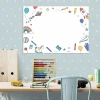 Dry-erase board for kids, featuring balloons, rockets, a rainbow, and crayons in a fun design.