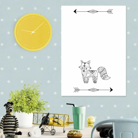 Dry-erase board for kids featuring a fox design, perfect for a bright children\'s room with dotted white walls.