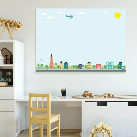 Dry-erase board for kids city 495 - Decorated in a bright children\'s room with light walls and natural furniture.