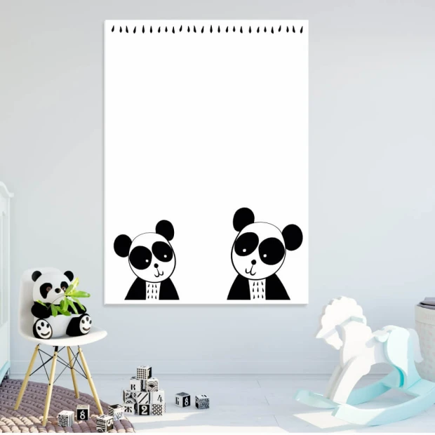 Whiteboard for kids featuring two black bears with large eyes on a white background.