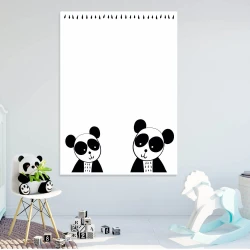 Whiteboard for kids featuring two black bears with large eyes on a white background.