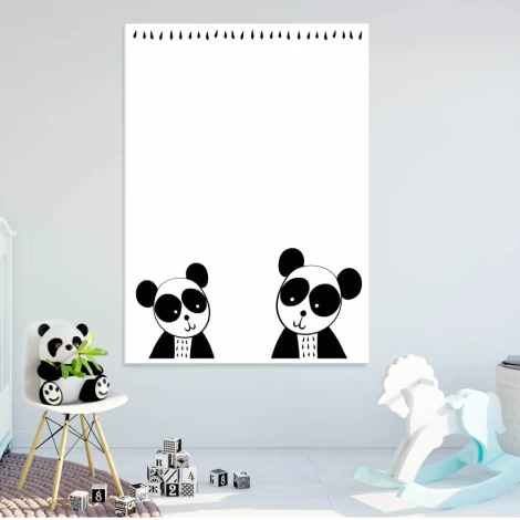 Whiteboard for kids featuring two black bears with large eyes on a white background.