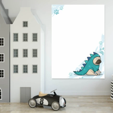 Dry-erase board for kids featuring a pug in a blue dinosaur costume on a white background.