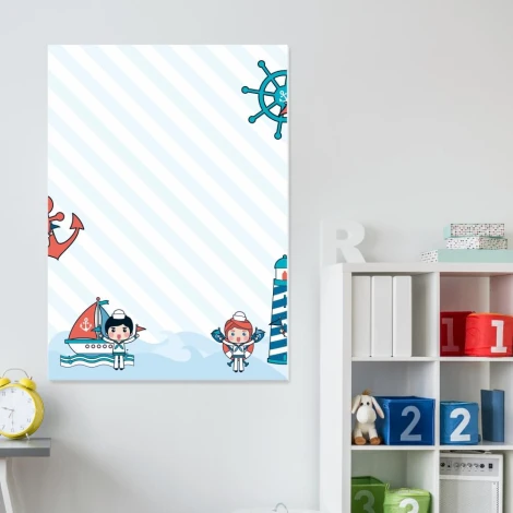 Dry-erase board for kids, ocean theme 562 - Features children and a boat on a white striped background.