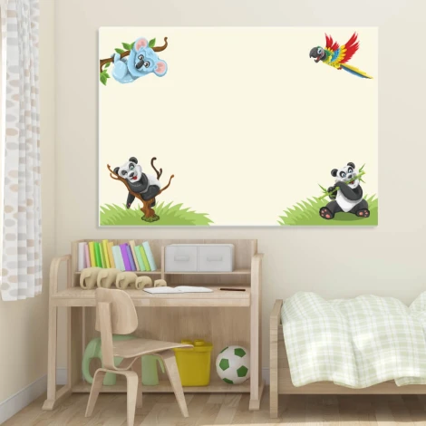 Dry-erase board for kids featuring pandas, styled in a bright children\'s room with natural furniture.