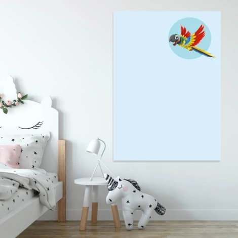 Dry-erase board for kids featuring a parrot design, set in a bright children\'s room with minimalist furniture.