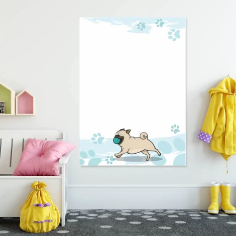 Dry-erase board for kids featuring a dog design. A puppy runs with a blue ball on a white background.