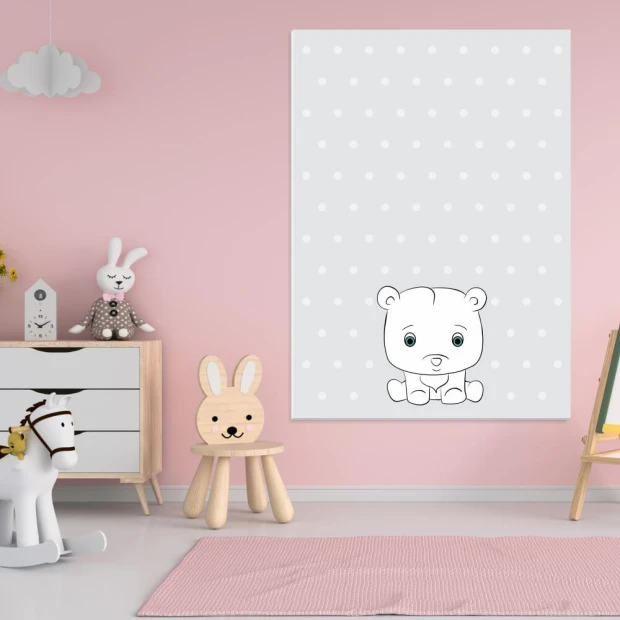 Dry-erase board for kids featuring a dog design, perfect for a child\'s room with light pink walls.