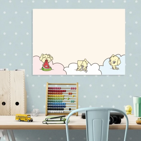 Dry-erase board for kids featuring three dog illustrations against a cloud background.