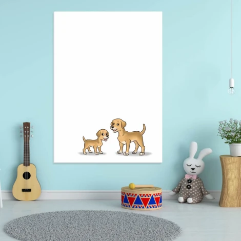 Dry-erase board for kids featuring dogs, styled in a bright children\'s room with light walls and wooden flooring.