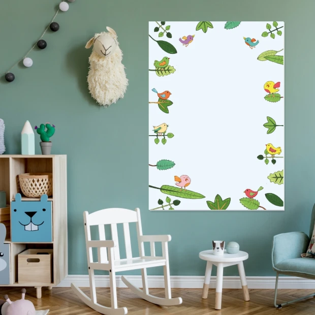 Dry-erase board for kids with birds - Ideal for a children\'s room. Green walls and light furniture.