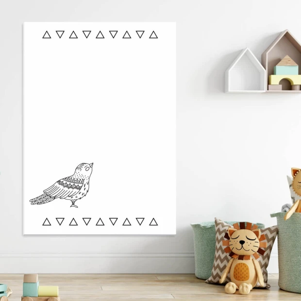 Dry-erase board for kids featuring a bird and triangles on a white background.