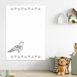 Dry-erase board for kids featuring a bird and triangles on a white background.