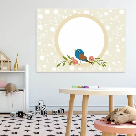 Dry-erase board for kids featuring a colorful bird and flowers, perfect for a cozy room.