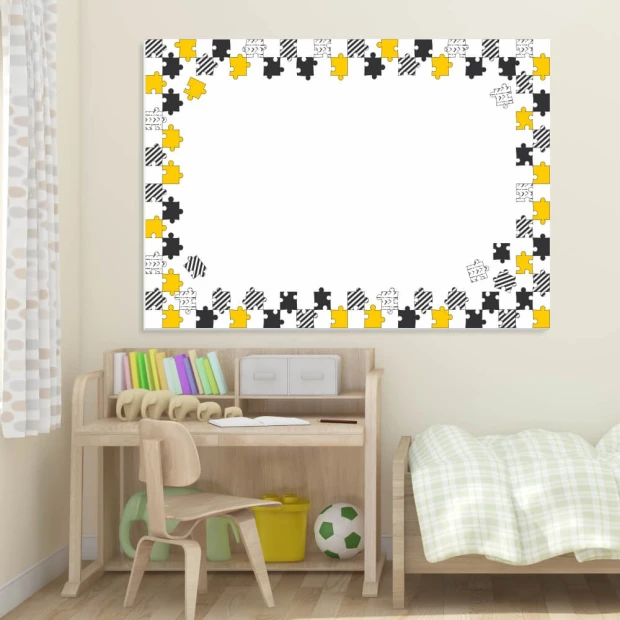 Dry-erase board for kids puzzle 493 - Decor in a child\'s room. Light-colored walls, natural furniture.