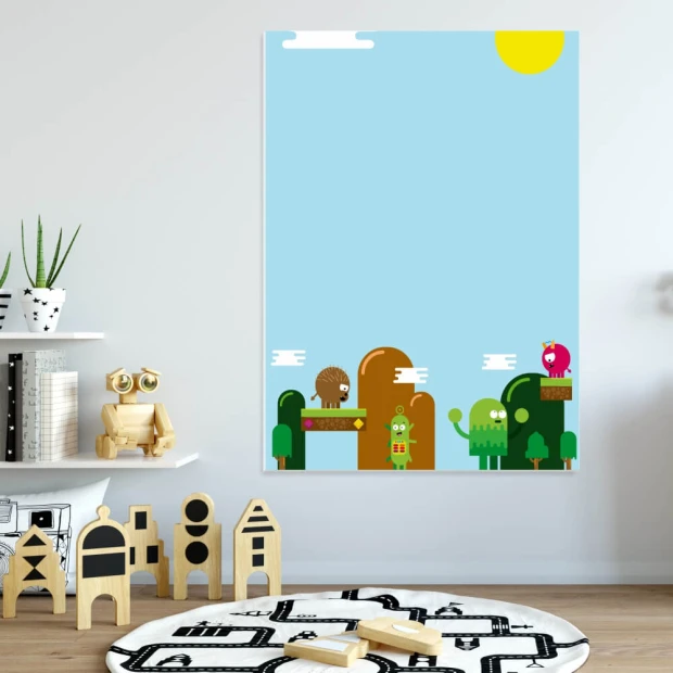 Dry-erase board for kids with monsters 566 - Features colorful monsters and trees on a blue background.
