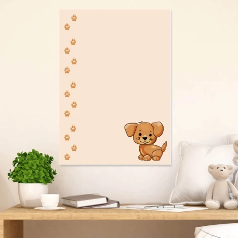 Dry-erase board for kids featuring a puppy design with a drawing of a puppy and paw prints on a light background.
