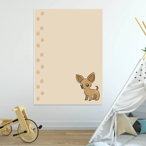 Dry-erase board for kids featuring a puppy design with a drawing of a puppy and paw prints on a light background.