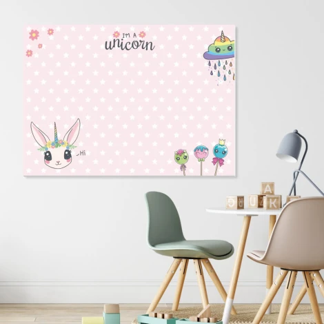 Unicorn dry-erase board for kids 519 - Pink background with white stars and unicorn characters.