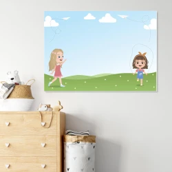 Dry-erase board for kids featuring cheerful girls playing on a green meadow.