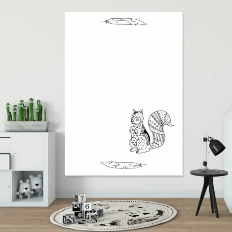 Dry-erase board for kids featuring a squirrel design, styled in a bright, minimalist children\'s room.