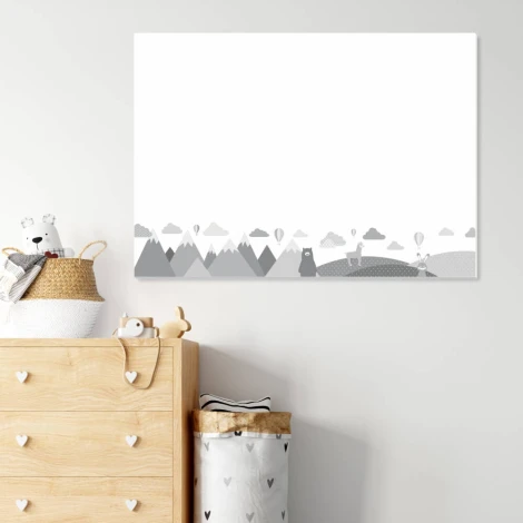 Dry-erase board for kids featuring animals and mountains, with graphics of mountains, clouds, and balloons.