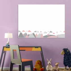 Dry-erase board for kids featuring animals and mountains, styled in a purple-themed children\'s room with matching furniture.